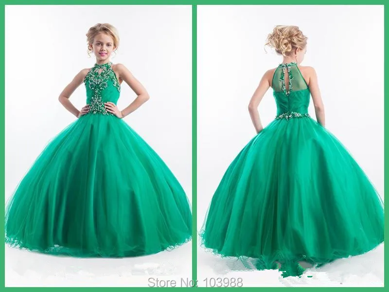 002aToddler Cheap 2015 Little Girls Pageant Dresses High Neck Green Long Beads Kids Cupcake Flower Girl Ball Gowns Prom Party Dress For Girls_
