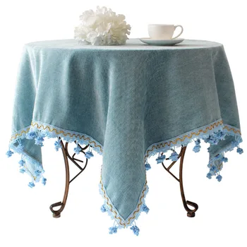 

Blue Mediterranean garden style European high-grade linen tablecloth round coffee table cloth
