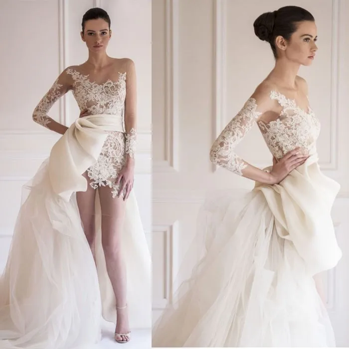 

Saudi Arab Design Wedding Dresses Asymmetrical Scoop Illusion Long Sleeve Detachable Wedding Dresses