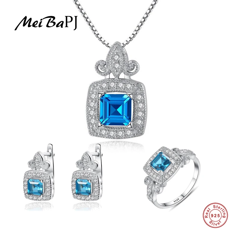 

MeiBaPJ Topaz Gemstone 3 Suit Jewelry Set Real 925 Sterling Silver Pendant Earrings Ring Fine Charm Jewelry for Women