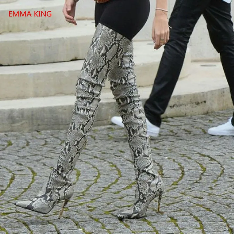 

Fashion Snake Print Boots For Women Winter Leather Pointed Toe Sexy High Heels Pumps Back Zipper Over The Knee Boots Botas Mujer