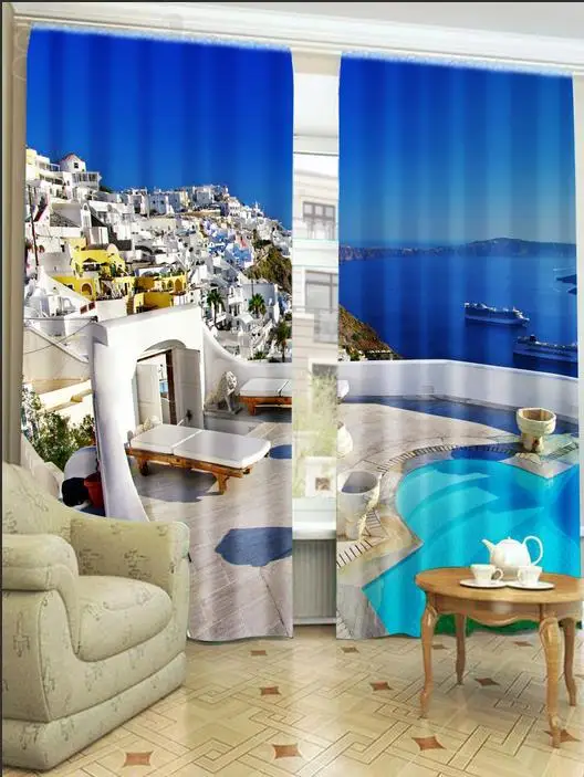 

Photo Print stereoscopic 3d Curtains Greek Aegean sea view 3d printing curtains shading