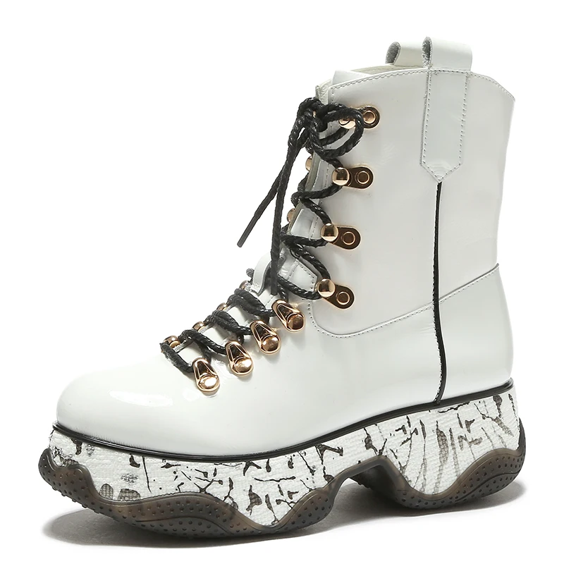 

Chic Women's Ankle Boots Lace Up Muffin Patent Leather Flat Platform Shoes Warm Winter British Style E14