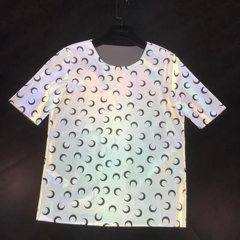 

2019 new reflective moon print tight-fitting top high-elastic T-shirt female