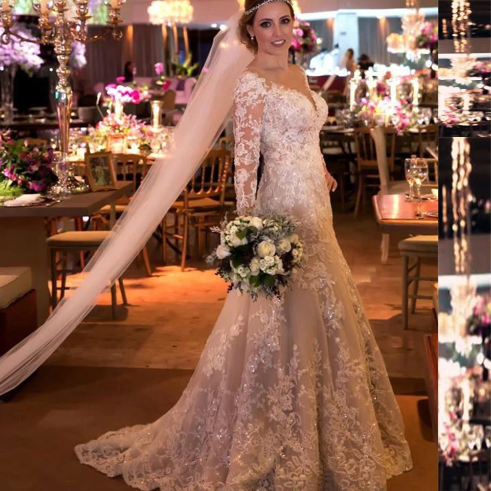 Robe De Mariage Элегантный Sheer длинным рукавом кружева линии Свадебные платья 2019 кнопки платье невесты подвенечные свадебные платья