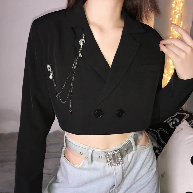 Fitshinling 2019 Autumn Winter Blazer Feminino Fashion Chain Cropped Coat Long Sleeve Buttons Slim Women Blazers And Jackets New