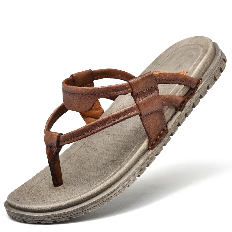 

Summer Genuine Leather Men Flip Flops Fashion Men Slippers Men Beach Shoes 2019 Leisure Fashion Flat Sandals Male