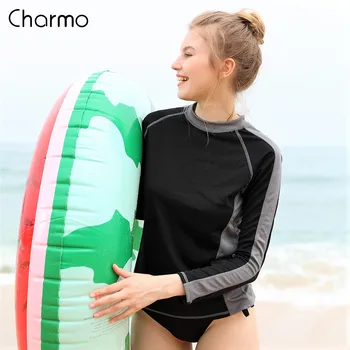 

Charmo Women Rash Guard Shirt Long Sleeve Quick-drying Rashguard Running Shirts Biking Shirt Color block Surfing Top UPF 50+