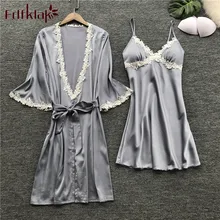 Fdfklak сексуальный женский халат и платье Наборы Женский банный халат+ Мини Ночное платье из двух частей пижамы Женский комплект сна из искусственного шелка халаты