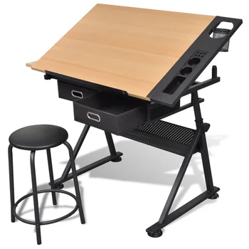 

Two Drawers Tiltable Tabletop Drawing Table with Stool Thickly Padded Drawing Crafting Drafting MDF + Powder Coated Iron Legs