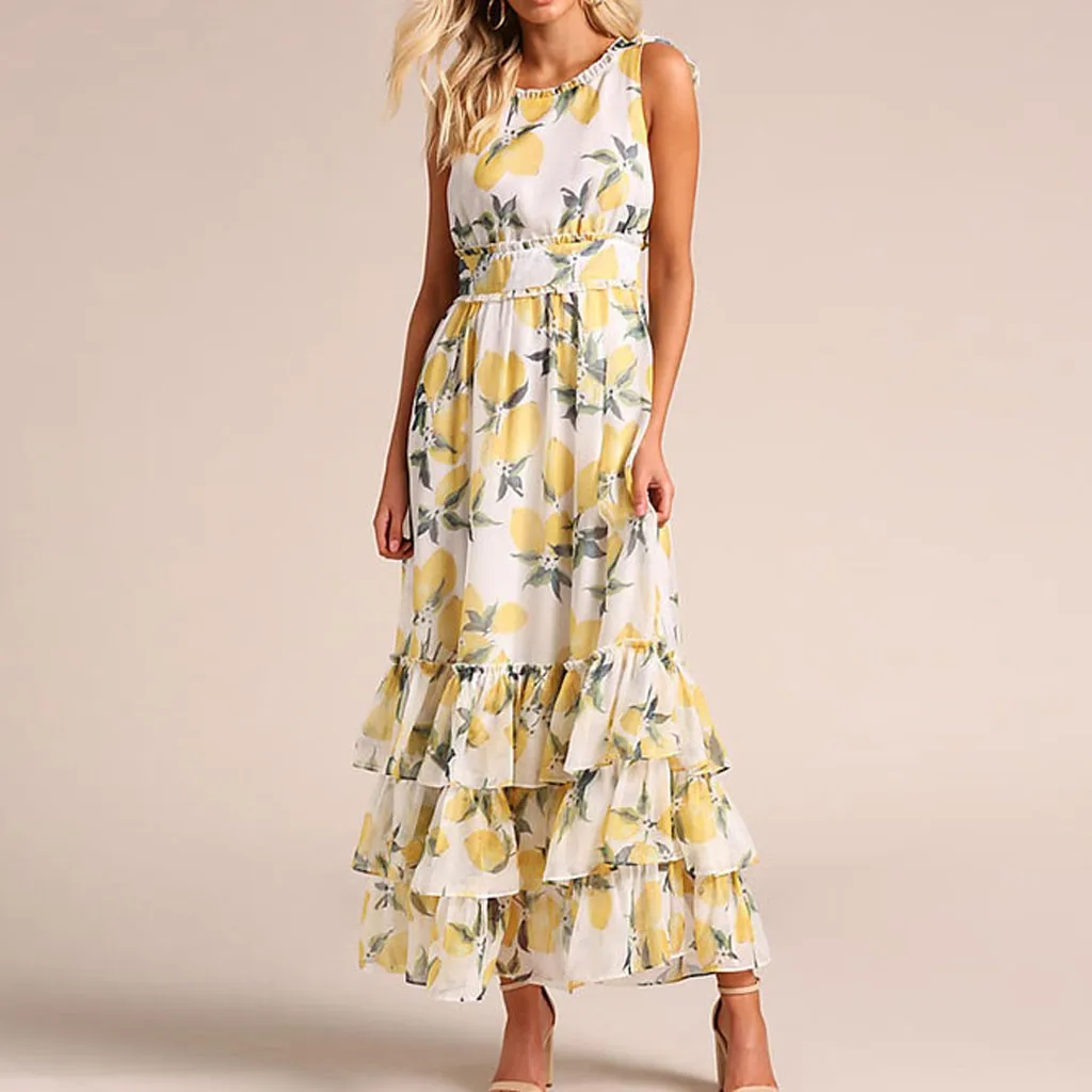 

Lemon Print Summer Vintage Dress O Neck Sexy YelloW Dresses Women Retro Straps Dress Elegant Party Vestidos Office Dresses