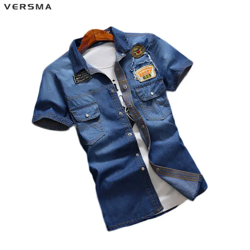 

VERSMA 2017 Summer Chemise Homme Denim Shirt Men Fashion Leisure Cowboy Shirt 100% Cotton Button Short Sleeve Denim Shirts XXXL