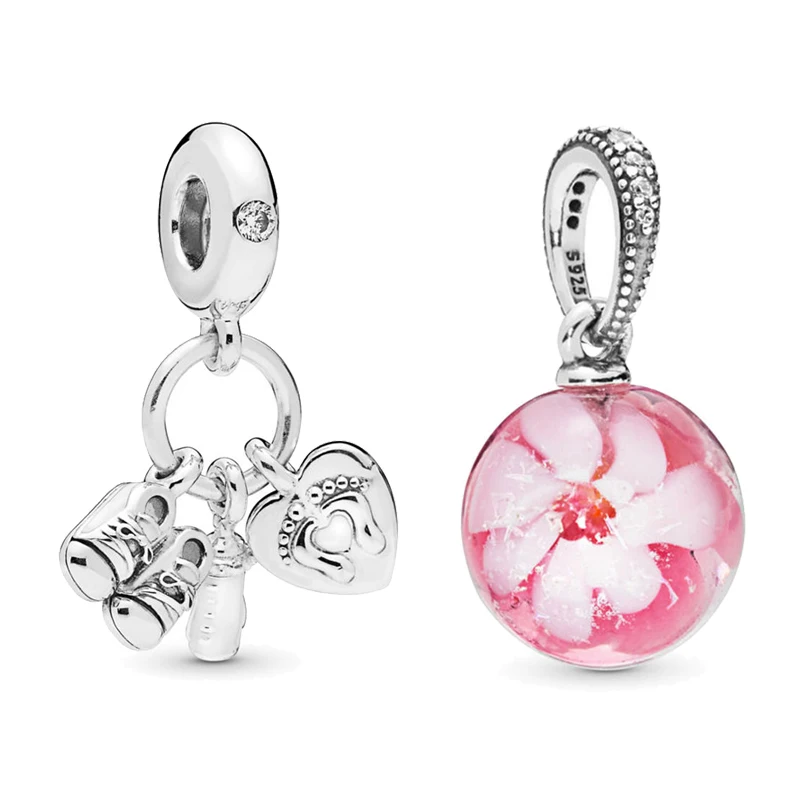 

2019 Spring New 925 Silver Pendant Peach Blossoms Flower My Little Baby Charm Fit Original Pandora Bracelet Women DIY Jewelry