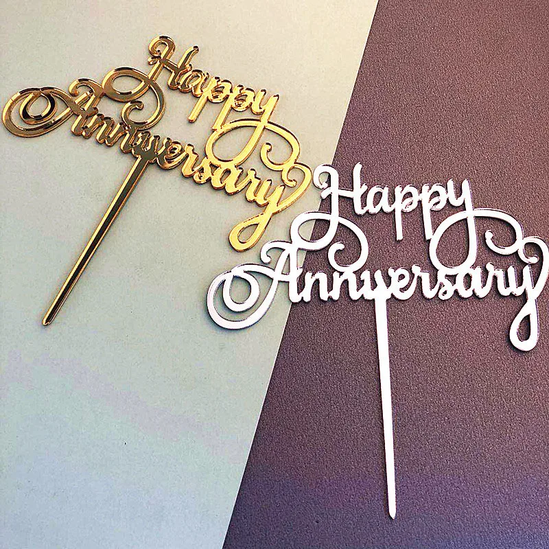 

Happy Anniversary Acrylic Cake Topper Gold Silver Cupcake Topper For Wedding Anniversary Valentine's Day Party Cake Decorations