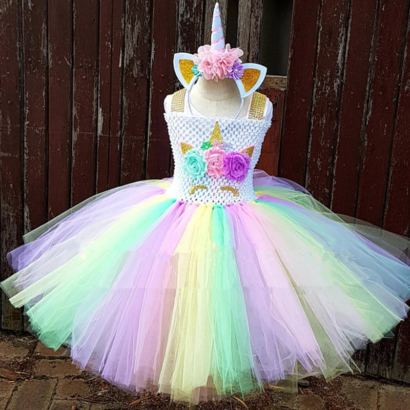 Rainbow Girls Unicorn Tutu Dress Fancy 