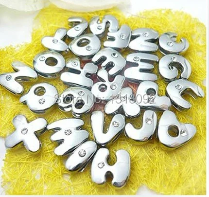 120Pcs 8mm Threading Alloy Chrome Symbol Slide Rhinestone Letters Glossy Alphabet Charm From A-Z 130Pcs/Lot Free Shipping | Украшения и