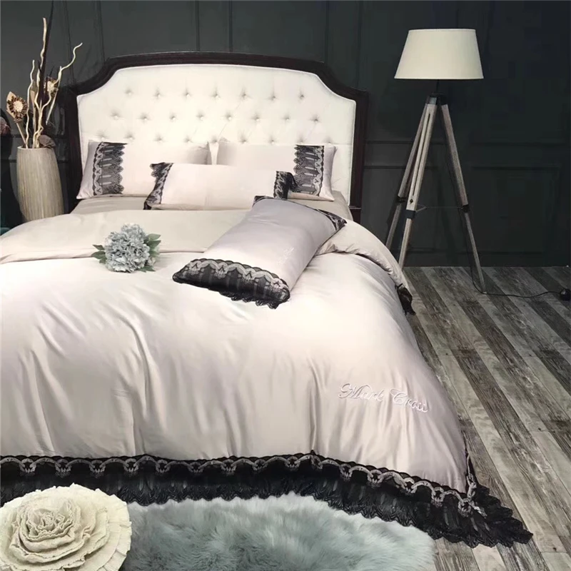

4/6pcs Washed Silk Luxury Lace Bedding Set Silky Smooth Soft Duvet Cover Set Bed Skirt Pillowcases Queen King size Preferential
