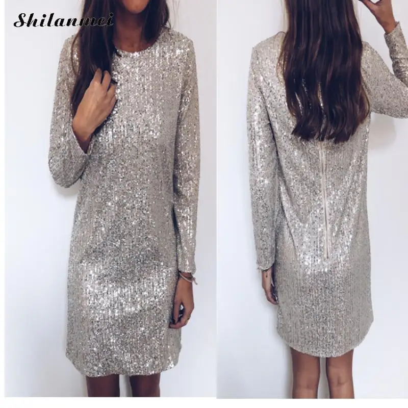 

Silver Sequins Dress Women 2019 New Year Women T Shirt Dress Long Sleeve Back Zipper Elegant Sexy Clubwear Evening Party Dresses