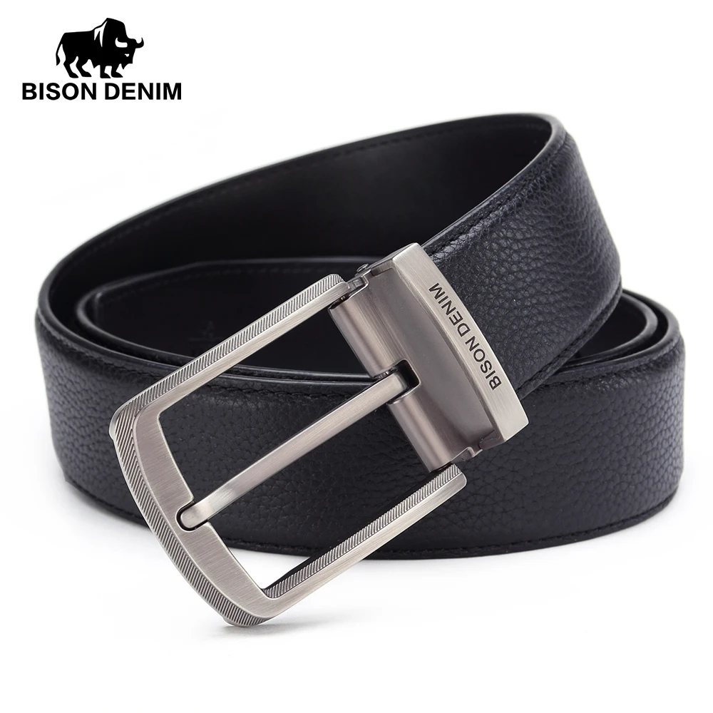 Мужской кожаный ремень BISON DENIM коричневый брендовый пояс из натуральной кожи с