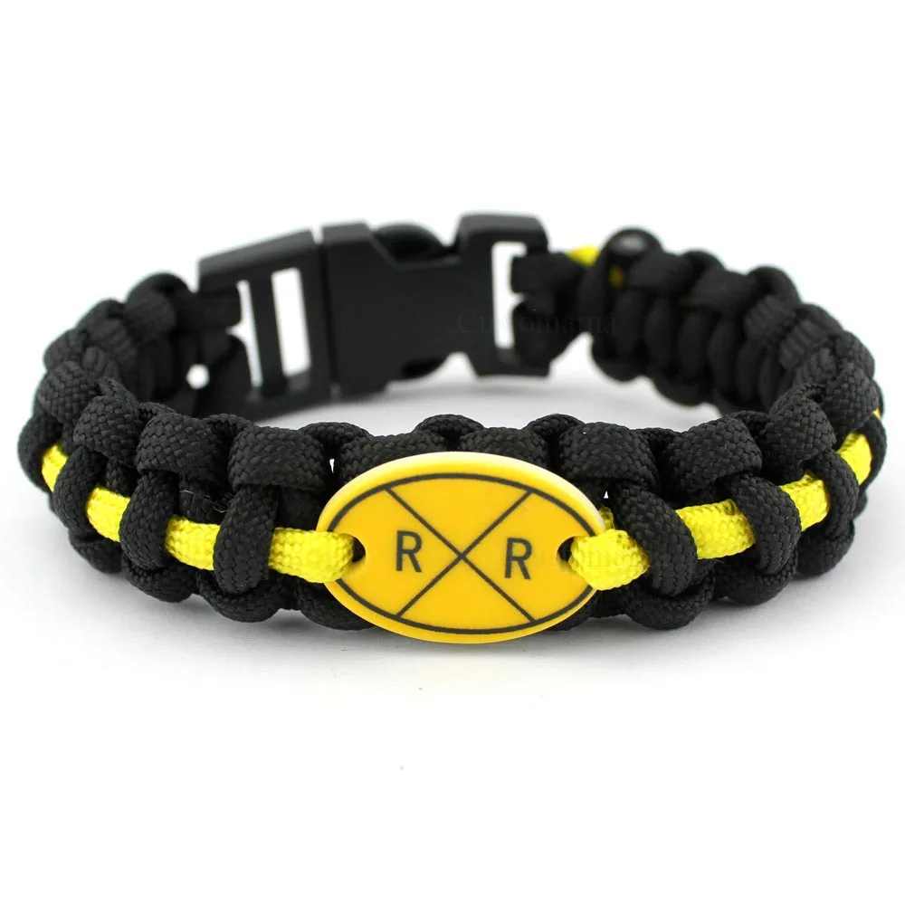 

Railway Railroad Crossing Sign Black Yellow 25*18mm Glass Cabochon Outdoor Survival Paracord Charm Bracelets Men Women Gift