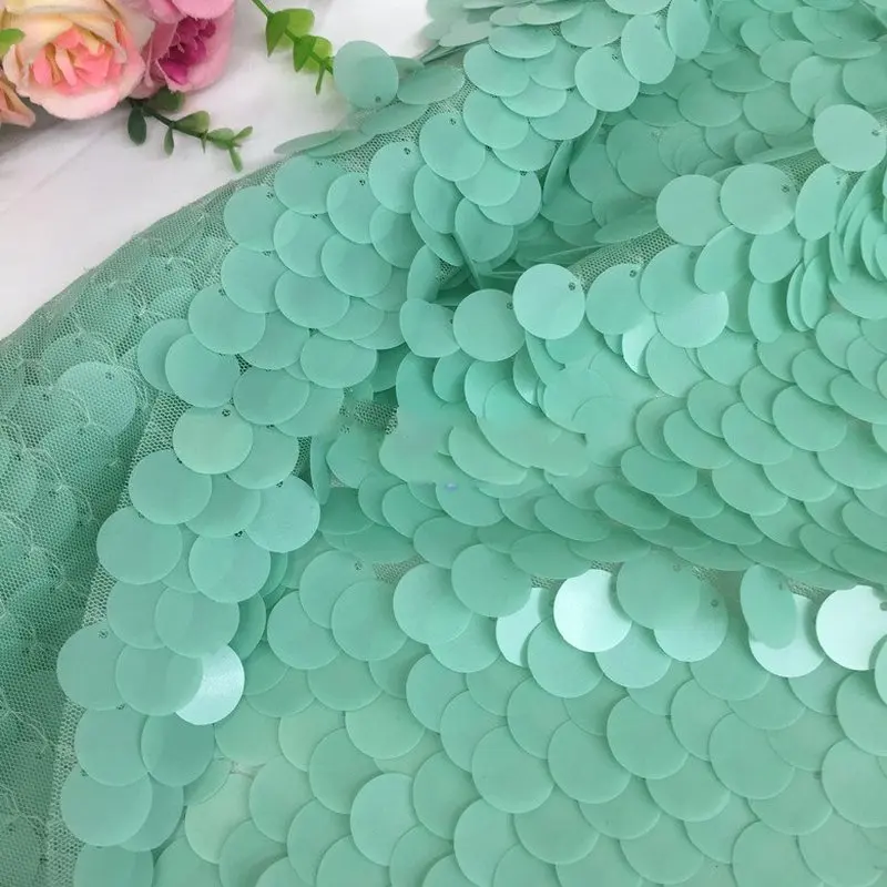 

GLace 1Y/Lot Light Green Large Sequins Fish Scales Mesh Fabric Water Blue Sequin Cloth Wedding Dress Fabric DIY Material TX831