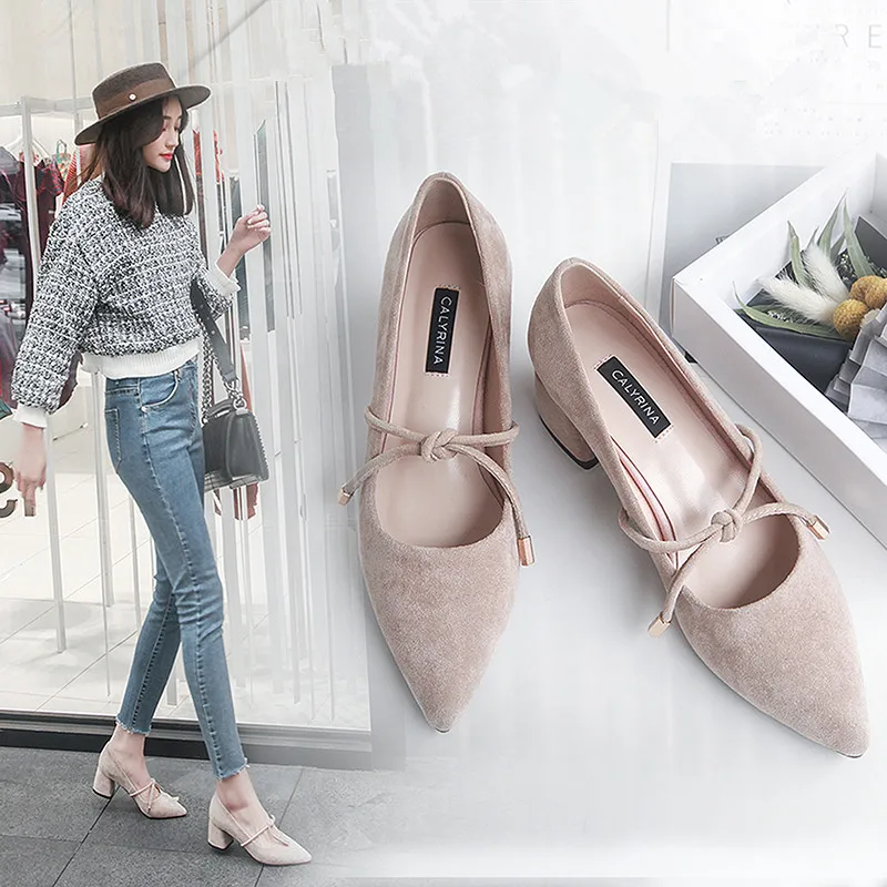 

2019 women pointed toe pumps korean version thick heel shallow mouth single shoes bow-tied decoration student high heel shoes