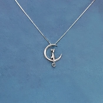

Real Pure 925 Sterling Silver Cat Moon Necklaces Pendant Long Kitty Necklace For Women Hot Fashion sterling-silver-jewelry