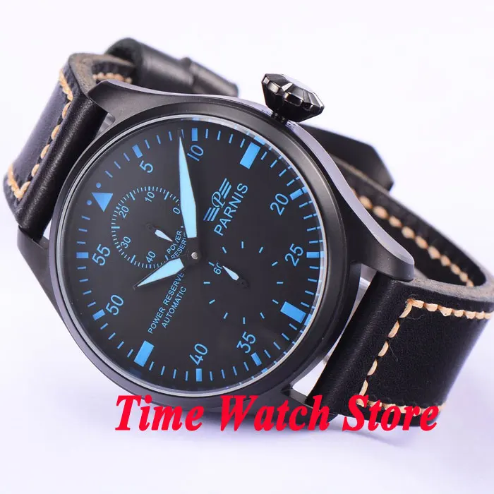 

Parnis 47mm PVD case 5ATM Automatic men's watch power reserve display black dial leather strap waterproof