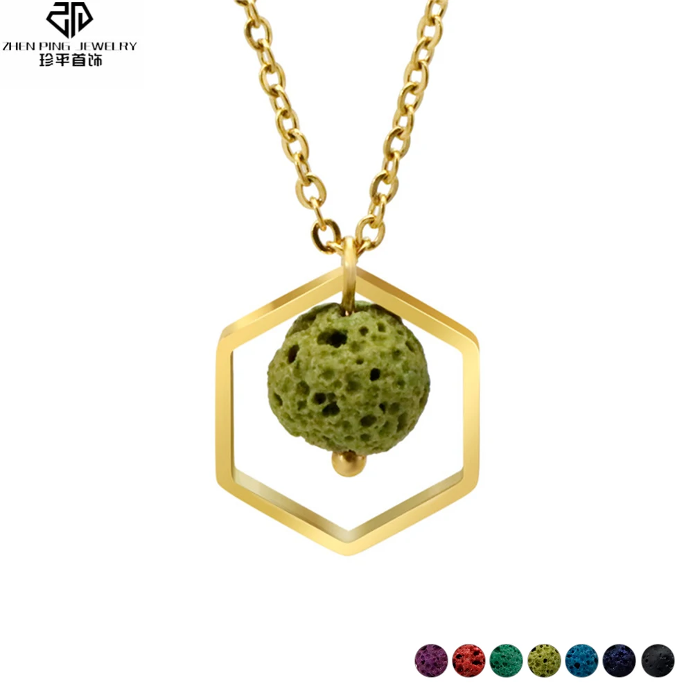

Stainless Steel Geometric Necklace Round Natural Lava Bead Essential Oil Diffuser Rock Pendant Volcanic Stone Jewelry
