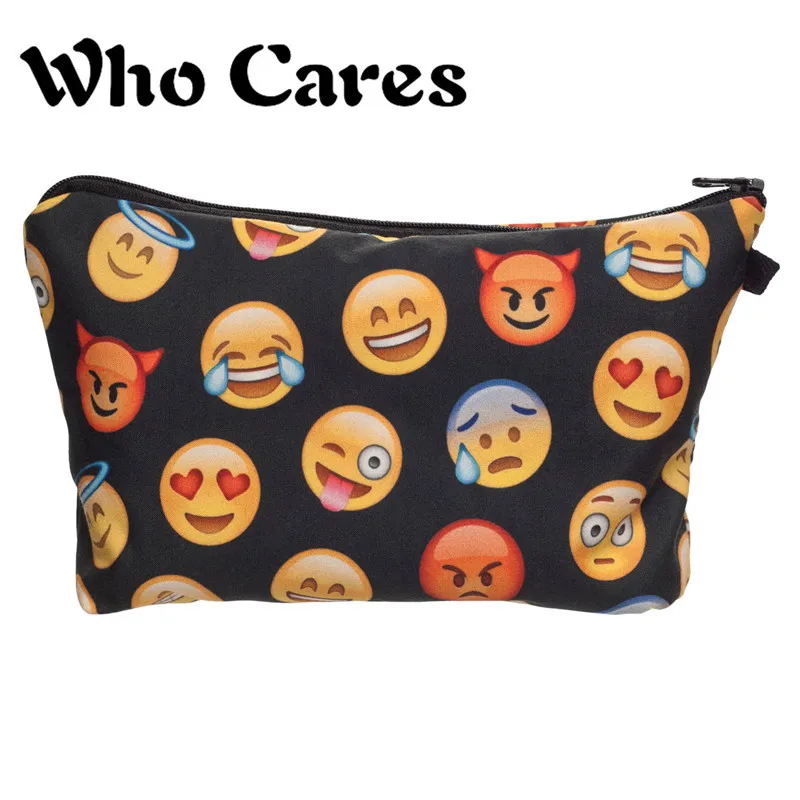 Many Emoji Black Pattern Women Makeup Bags Who Cares Pencil Case organizador neceser cosmetic Cases Handbags