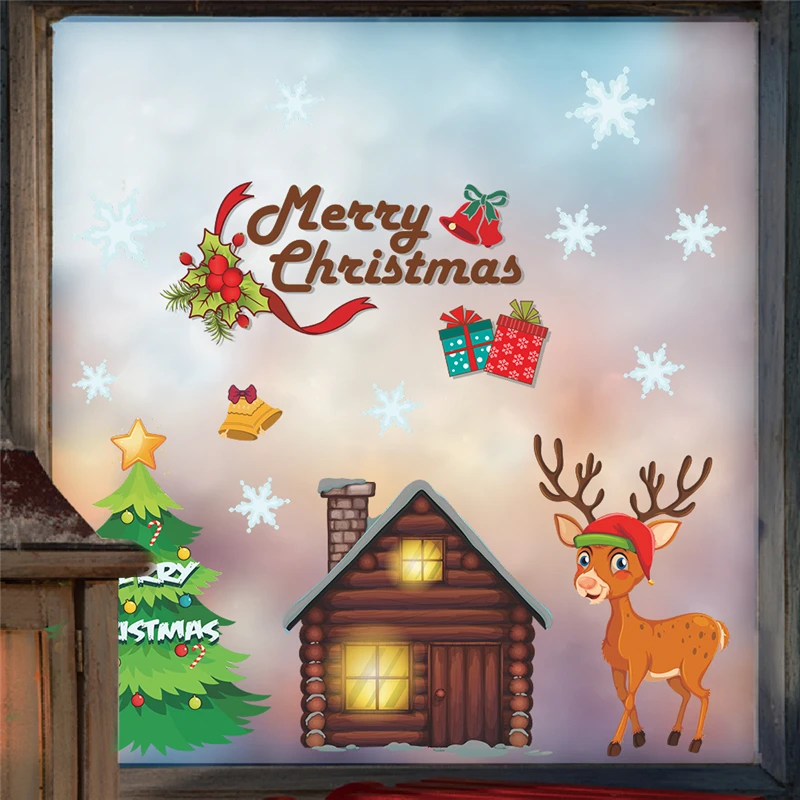 

cartoon merry christmas tree reindeer wall stickers for kids rooms window home decor new year wall decals pvc mural art gifts