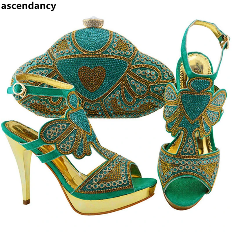 

Latest Design Italian Shoes with Matching Bags Set Decorated with Rhinestone Nigerian Women Wedding Shoes Women High Heels