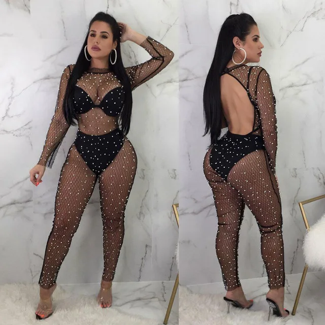 

Female Clothing Women Slim Fashion Design Pearl Beading Decorated Jumpsuits Sexy Perspective Backless Mesh Long Sleeve Playsuits