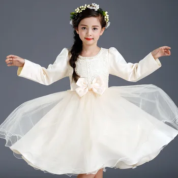 

Korean New Autumn Girls Wedding Bow Princess Dress Costumes Kids Clothing Champagne Bow Mesh
