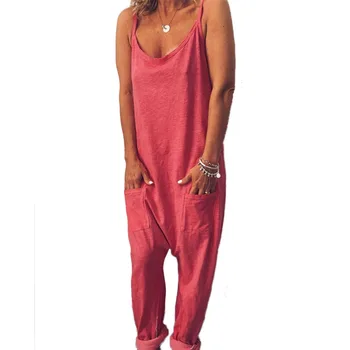 Women summer pocket Loose Casual Spaghetti Strap Jumpsuit HipHop Solid Color Romper fashionable spaghetti strap criss cross pocket design romper for women