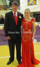 Rot 2016 Scoop Neck Lace Abendkleid Perlen Chiffon Mantel Lange Abschlussball-kleider Formal Lace2014 New Trend Sexy Schlitz