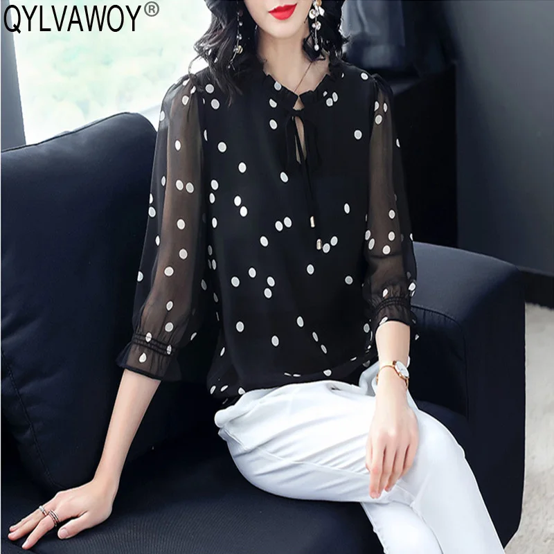 Women's Shirt Summer Silk Blouse Women Blouses 2019 Vintage korean Polka Dot Blouse Women Tops Plus Size Camisas Mujer MY2935
