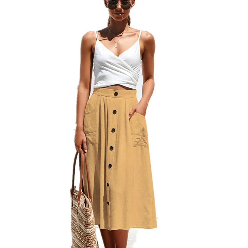 Летняя повседневная женская юбка миди, высокая талия, чистый цвет, однобортная, на пуговицах, с карманом, хлопковая юбка для женщин