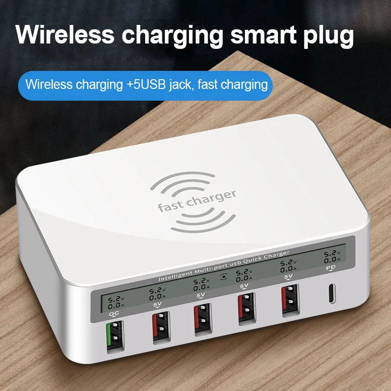 

Smart Wireless Charger 50W LED Display Fast Charging 5USB Ports 1 Type-C Charger LSMK99