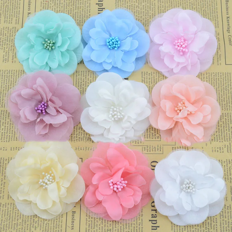 

artificial flowers good silk flower simulation flowers with gauze camellia brooch DIY accessories hairpin clothes and shoes deco