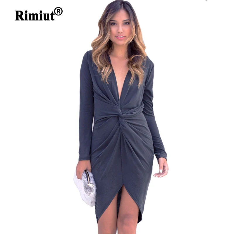 

Rimiut Women Simple Irregular Cross Deep V neck Dresses Autumn Lady Party Short Above Knee Women Dress Beautiful Black/Grey S-XL