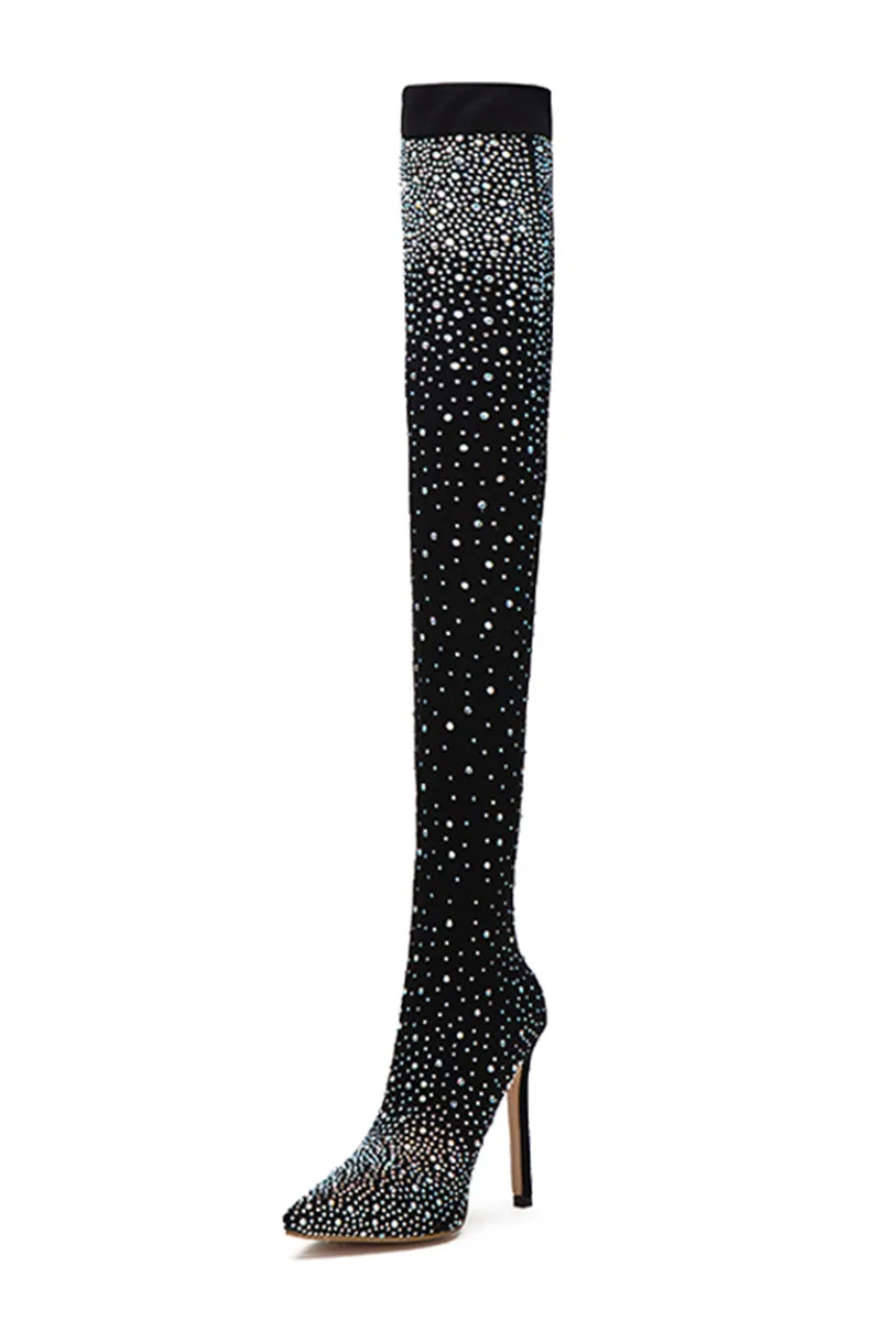Подиум Стиль Кристалл стрейч женские носки Сапоги выше колена на высоком каблуке Большие размеры 35-42 пикантные высокие сапоги до бедра