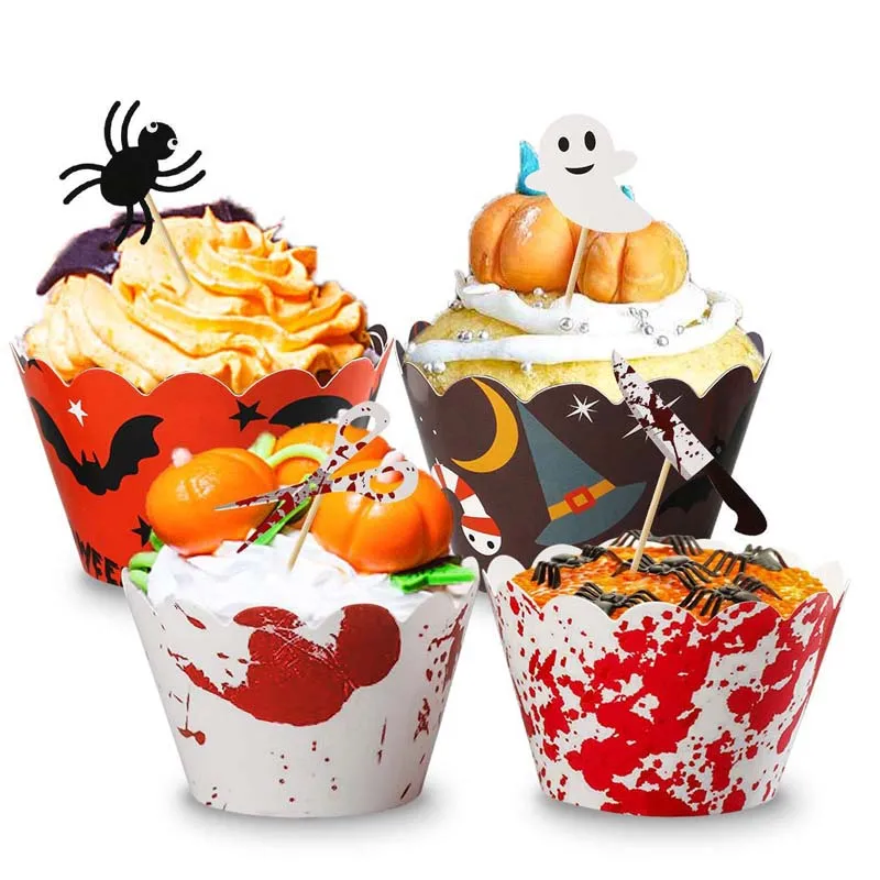 

24pcs Happy Halloween Party Cupcake Toppers Wrapper Horrible Cake Decorating Ghost Festival Halloween Party Decorations Spider