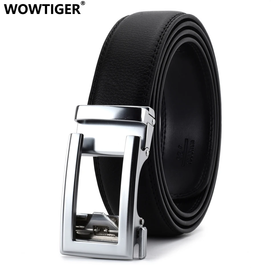 

WOWTIGER black Silver Luxury Cowhide leather 3.5cm Fashion Designer Belts for Men Sliding Automatic Buckle Ratchet Men Belt