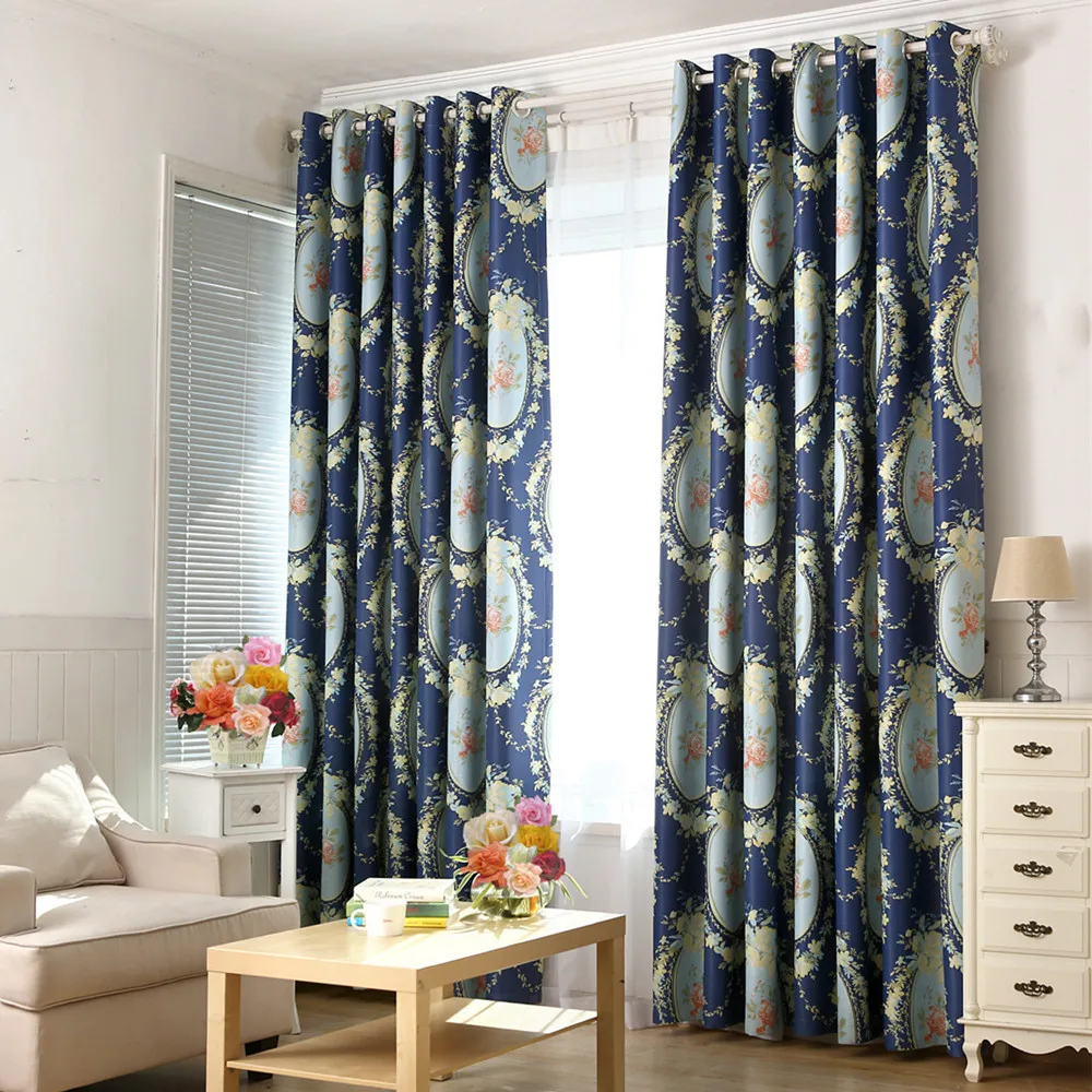 

European Big Flowers 80% Shading Rate Blackout Curtains for Bedroom Floral American Navy Window Treatment Drapery Living Room