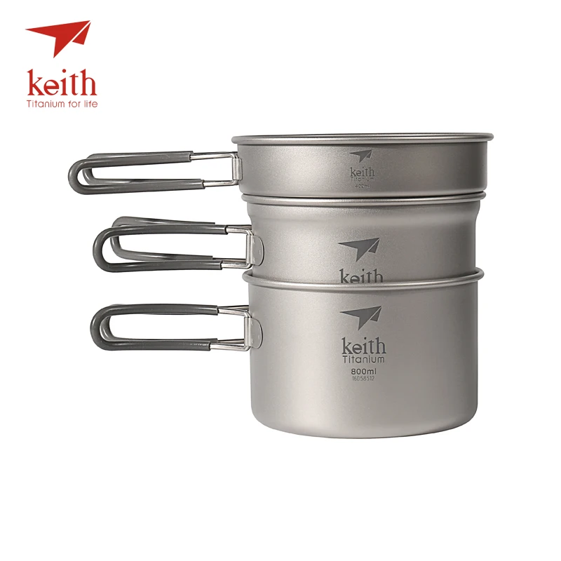 Keith Titanium Pots Pans Bowls With Folding Handle Cook  Camping Hiking Picnic Cookware Utensils
