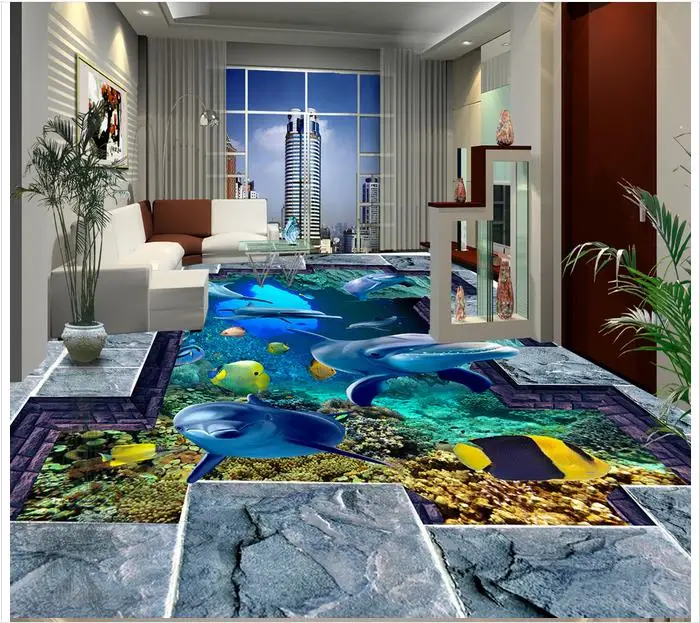 

3d wallpaper custom 3d flooring painting wallpaper murals Underwater world dolphin 3 d paint floor tile floor photo wallpaper