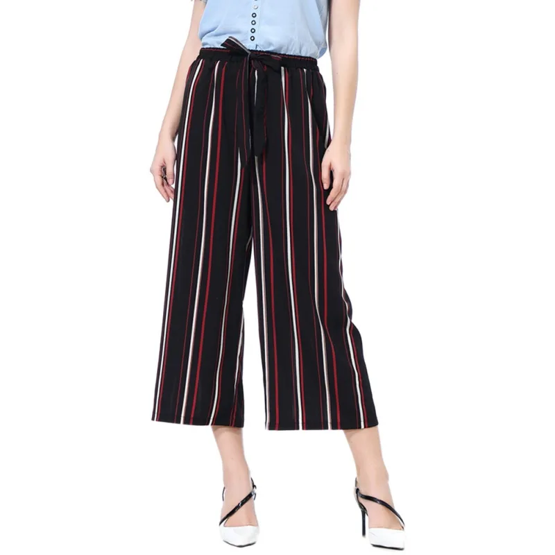 

Girl's Cosy Wide leg Girl's pants female summer beach high waist trousers chic street Solid/Striped eight points casual pants