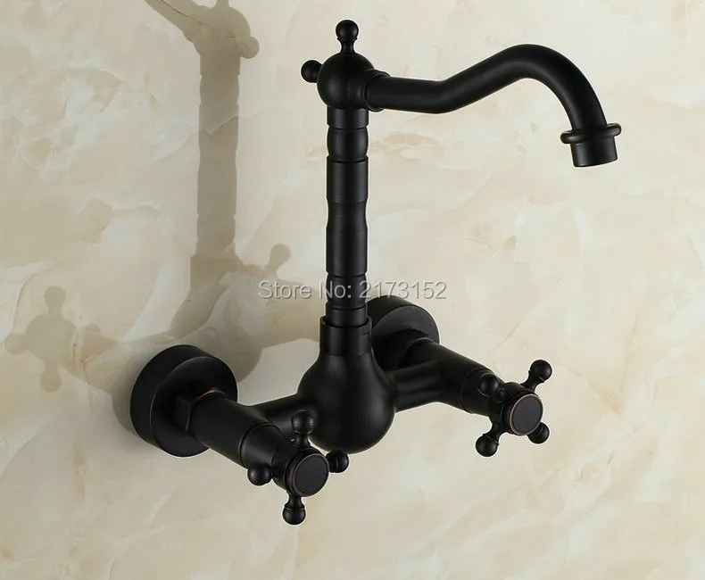 

Free Shipping Tall Wall Mounted Black Painted Bathroom Faucet Double Wheel Handle Black Bronze Basin Sink Mixer Tap B-015