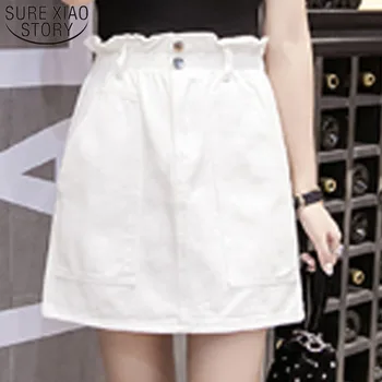 

Sexy White High waist jeans Skirts A-line Elastic Waist Summer Women Denim Skirt Pocket Casual Ruffles Female mini mujer 3498 50